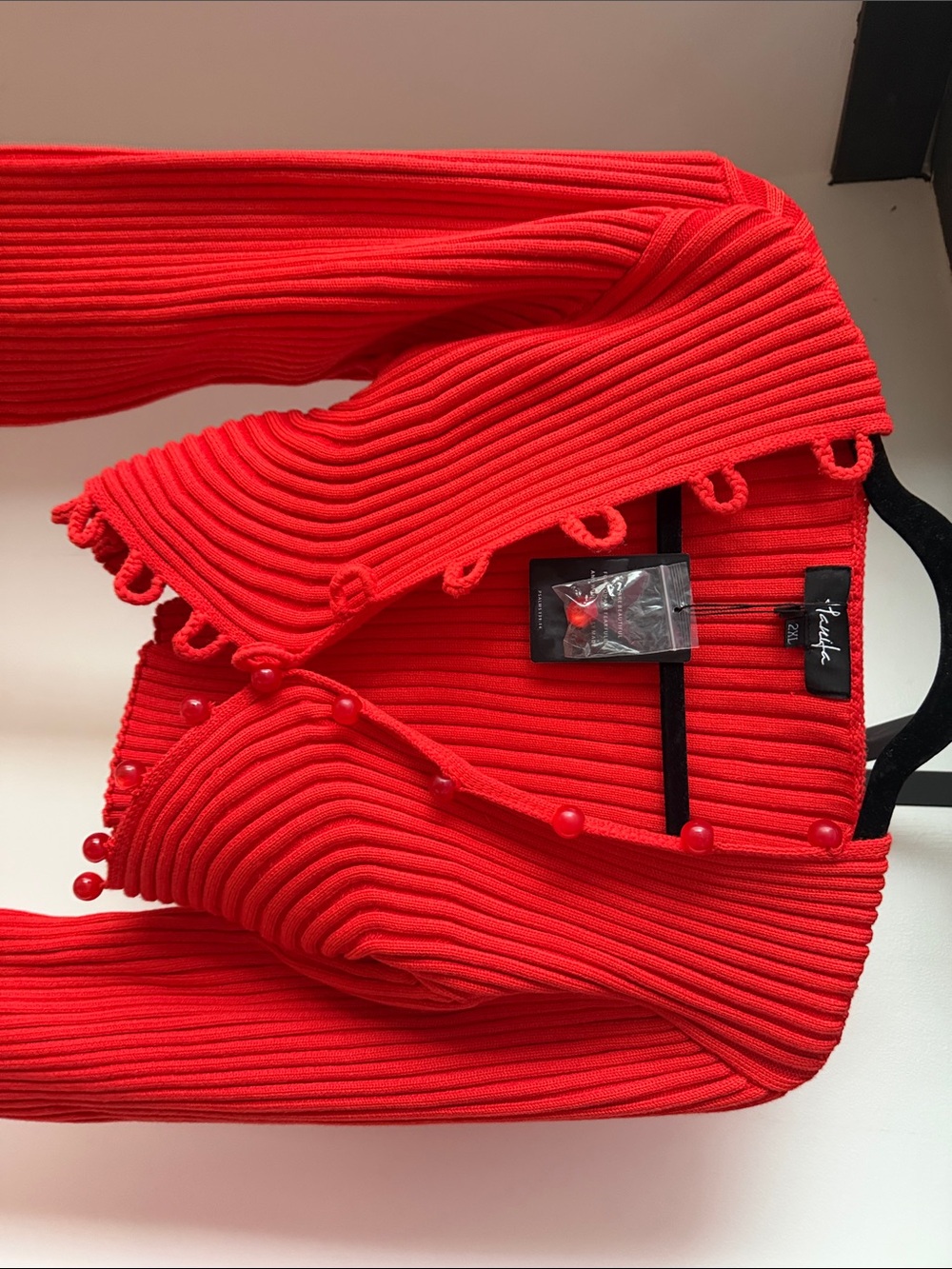 HANIFA Red Ribbed Cropped Cardigan with Loop-Button Trim - Picture 5 of 6